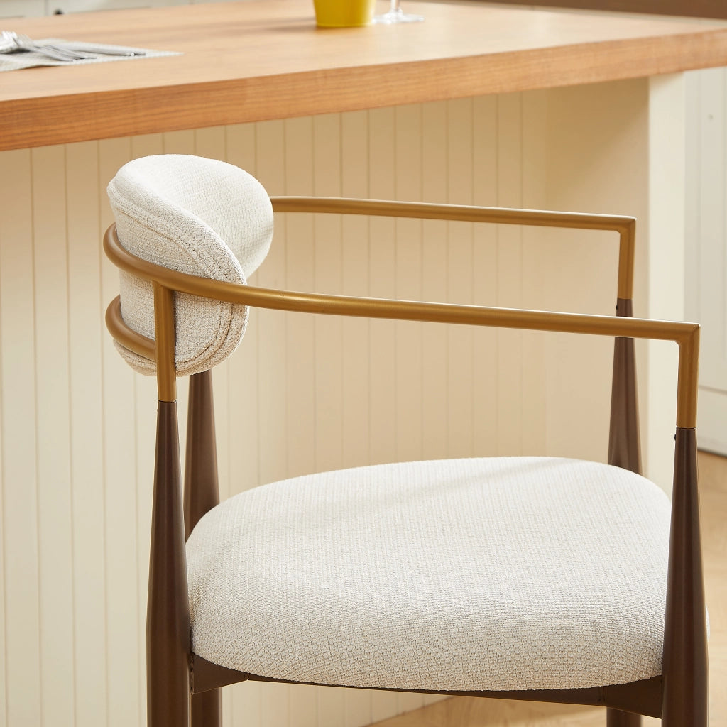 Sgabello da Bar Set da 2 con Braccioli e Piedini Regolabili, Stile Country Francese, in Tessuto Beige