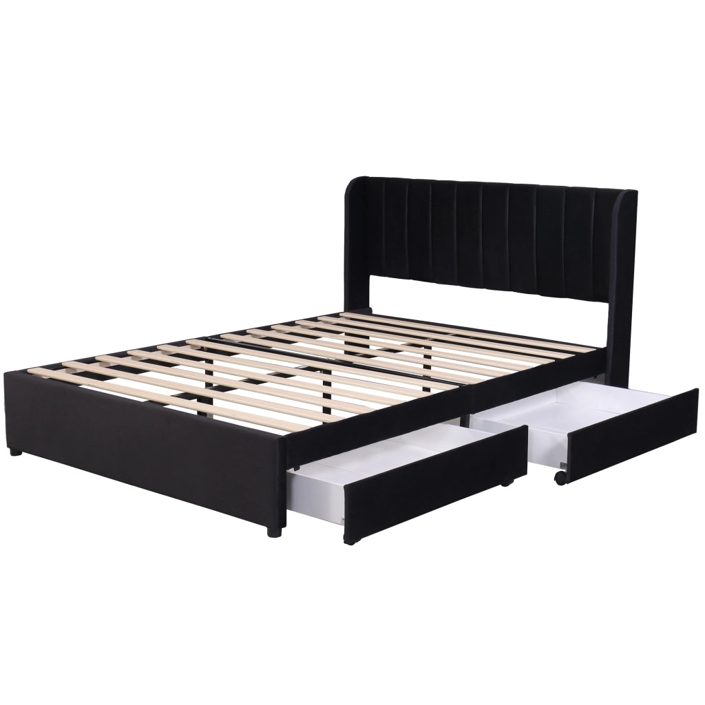 Letto imbottito in velluto nero 160x200 cm con rete a doghe, 2 cassetti e testiera alta