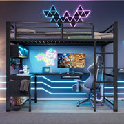 Letto a soppalco con scrivania 140x200 cm LEMONMAX, LED 7 colori, 2 prese e 2 USB, mensole, struttura in metallo, nero