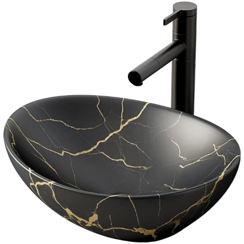 Lavabo ovale da appoggio in ceramica nero opaco con venature effetto marmo, 41 x 34,5 cm