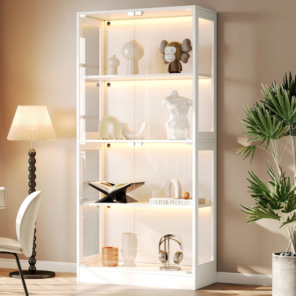 VETRINA LED 80x35x170 cm in MDF e Vetro Bianco con 4 Ripiani