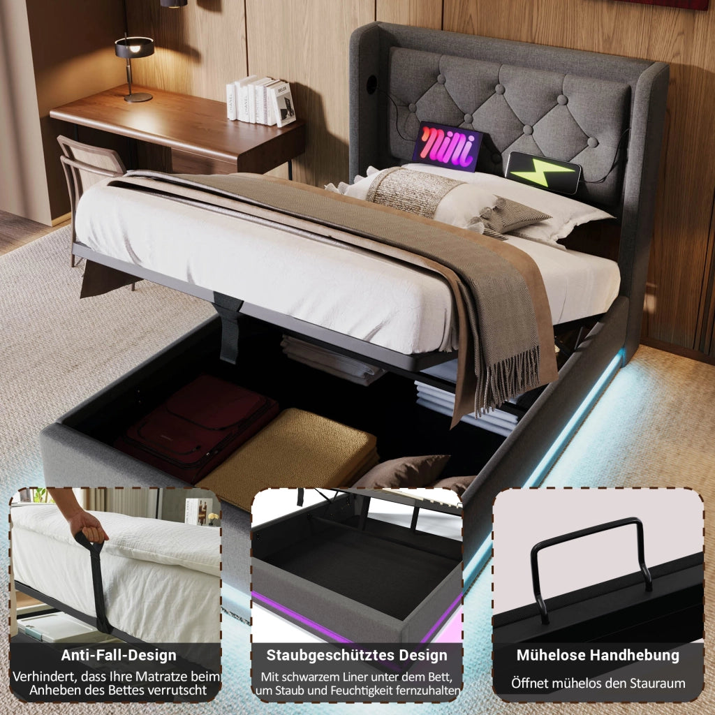 LETTO Contenitore Idraulico 90x200 cm Cotone Grigio con USB e LED