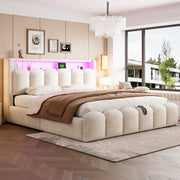 LETTO 180x200 cm in velluto beige con LED, USB-C e vano contenitore