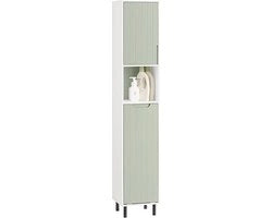 Armadio Bagno con Cassetta di Lavaggio - Cassetta di Stoffa - Scomparto di Deposito Sottile - Assi Regolabili - Bianco-Verde - 31cm x 167cm x 30cm