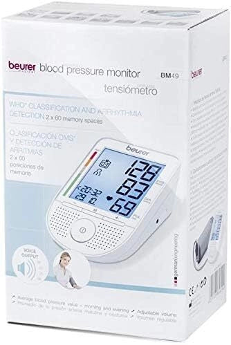 Beurer BM 49 Misuratore di Pressione da Braccio Automatico Funzione Vocale Multilingue Rilevamento Aritmie Memoria 2 Utenti 60 Misurazioni colore Bianco