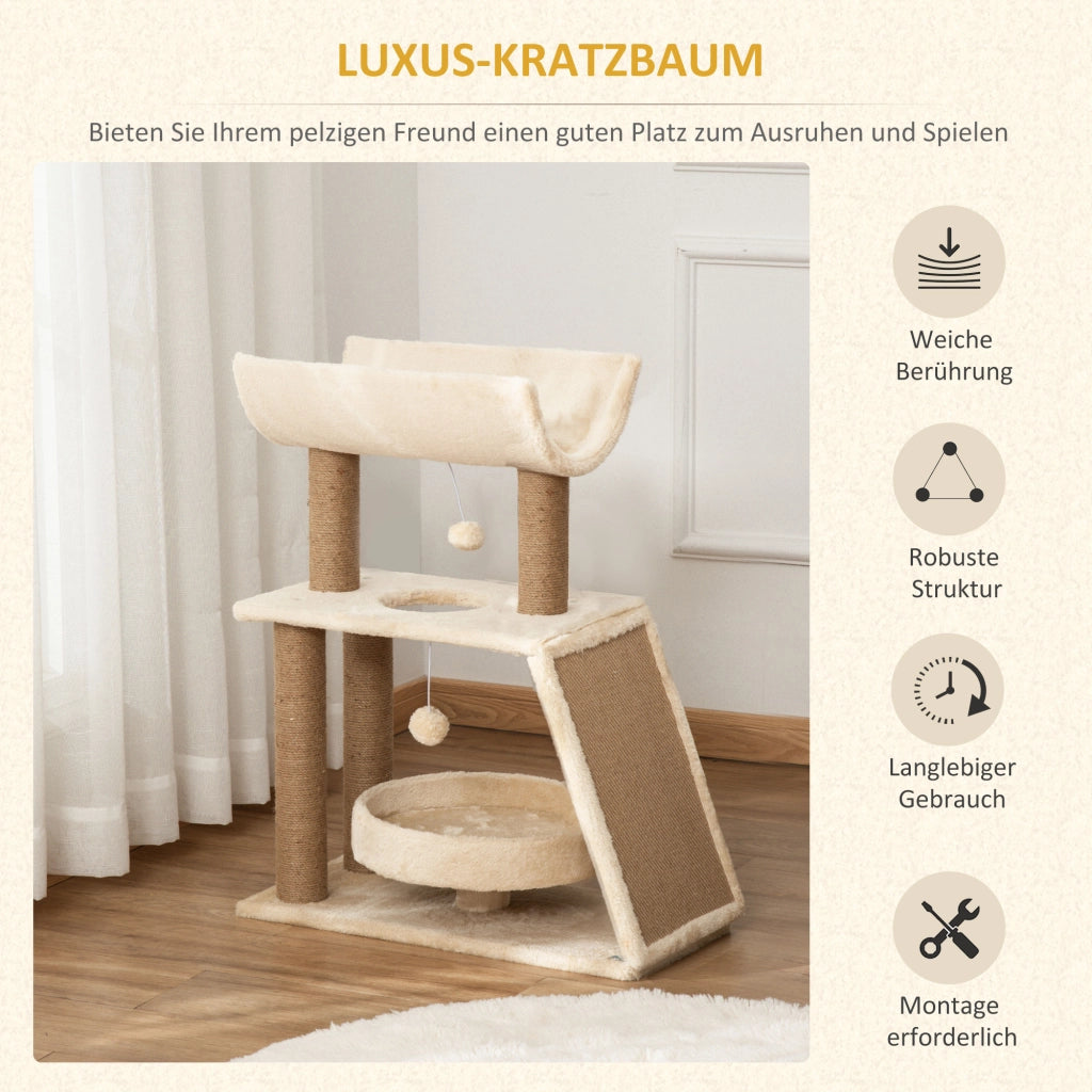 Albero tiragraffi per gatti con giocattoli e cuccia ¨C Zephmum ¨C 60x30x76 cm crema e naturale