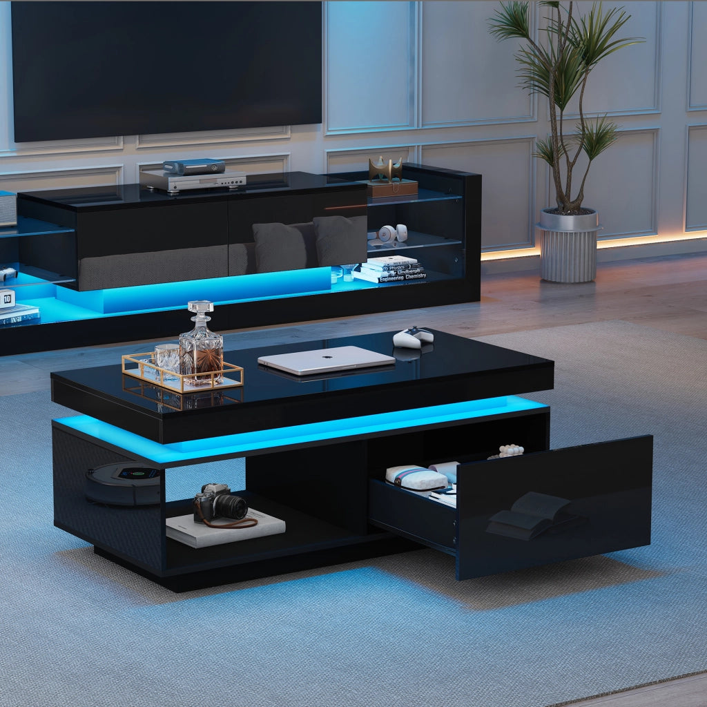 Set TV a parete con tavolino - Zephmum- Nero lucido con luci LED