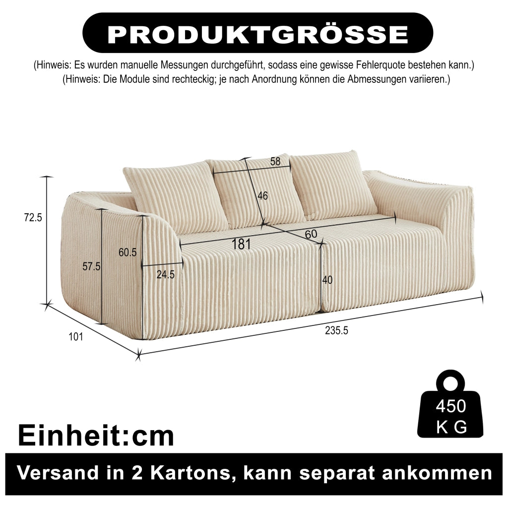 Divano modulare senza montaggio con linee curve e cuscini in velluto a coste beige 235 cm