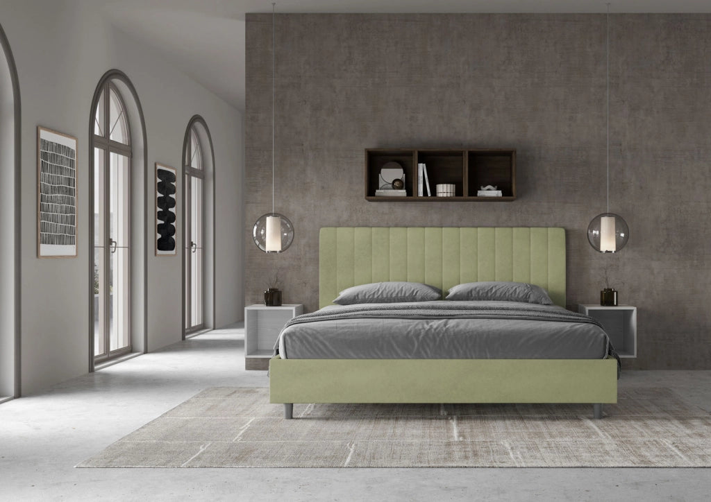 BS COM Letto matrimoniale king size con rete imbottito 190x210 microfibra tè verde