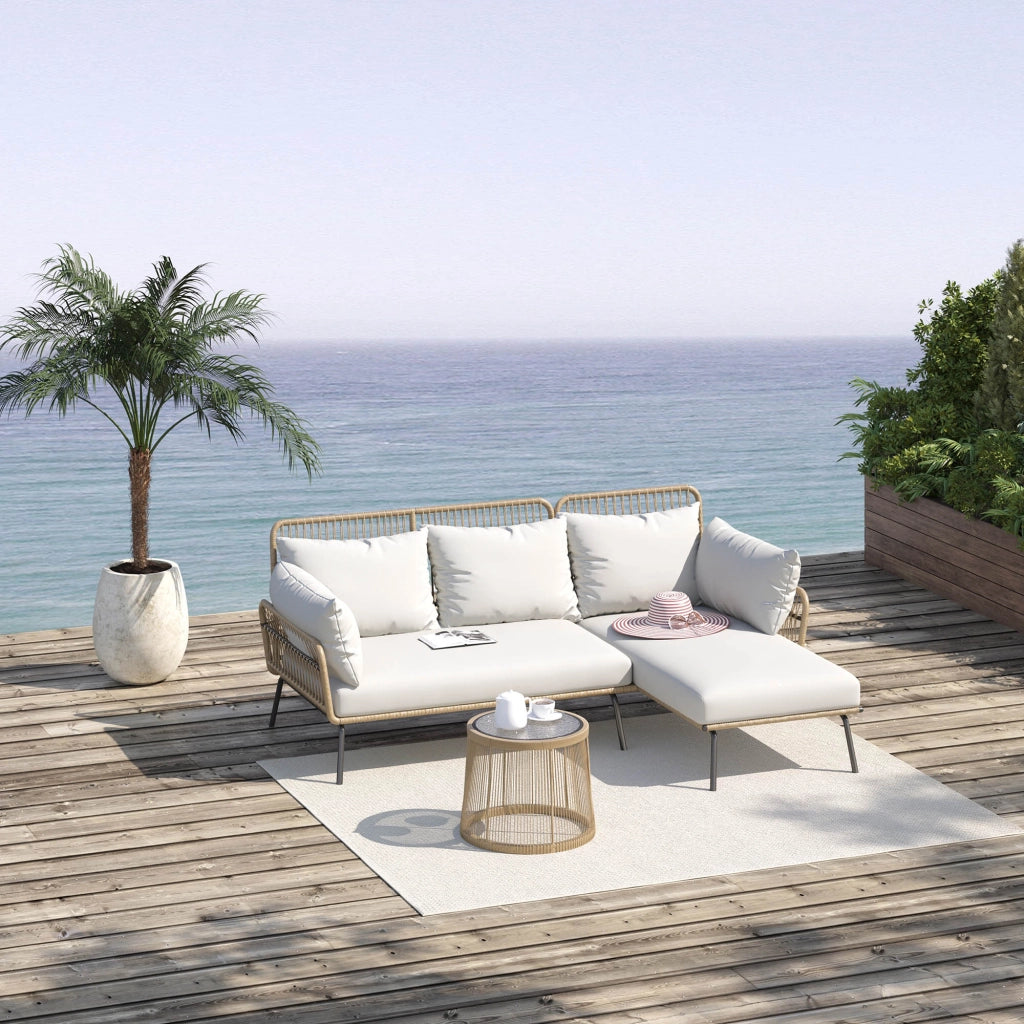 Set da Giardino in Rattan Stile Boho Chic con Divano Angolare e e Tavolino, Crema e Caff¨¨