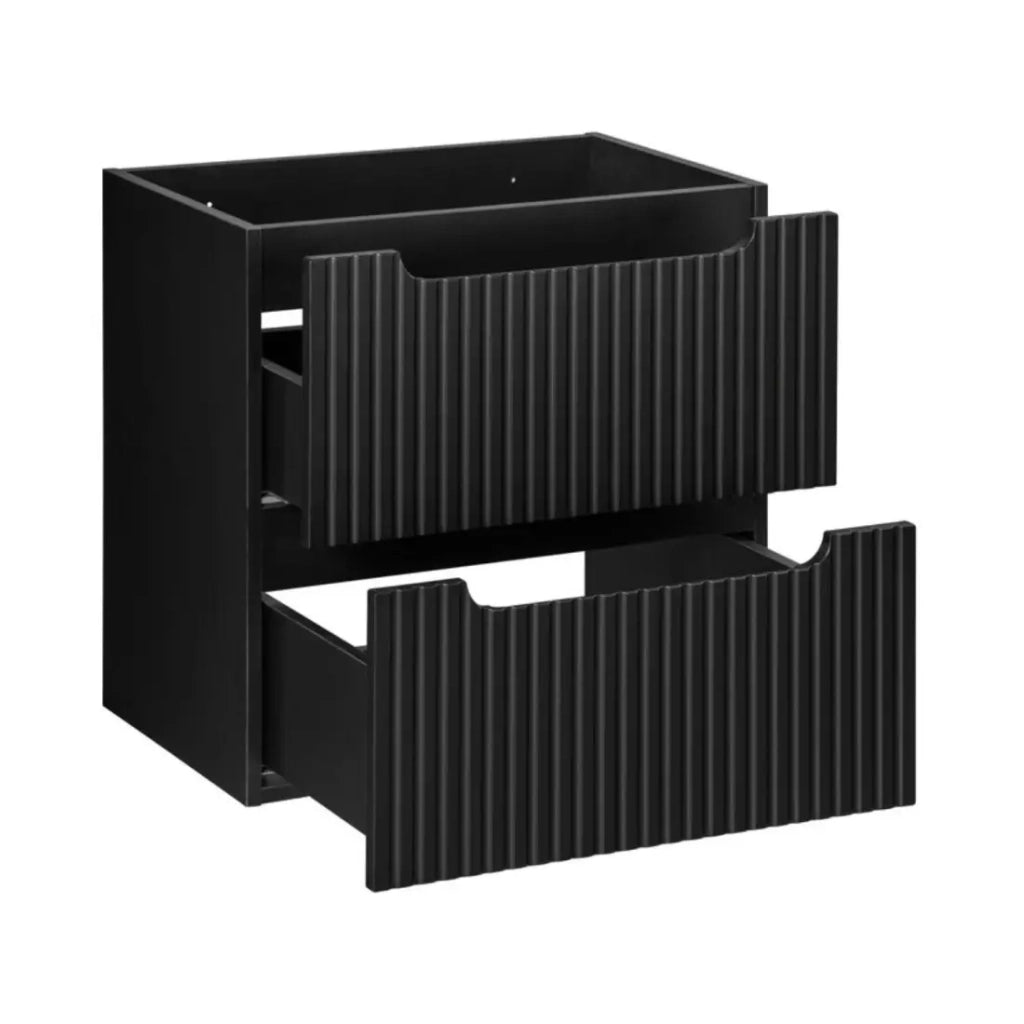 Set da bagno VANO 60cm: mobile sottolavabo con cassetti scanalati verticalmente + piano per lavabo effetto rovere