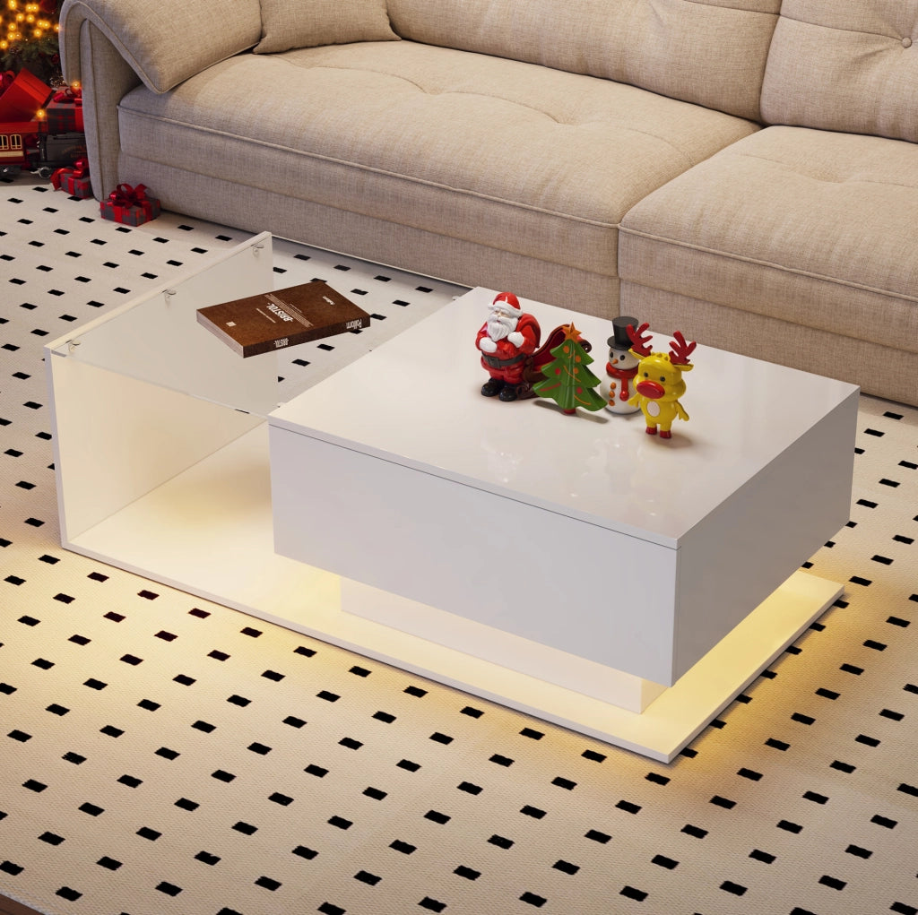 Tavolino da salotto moderno 100x50x32 cm bianco lucido con piano in vetro; cassetto e LED