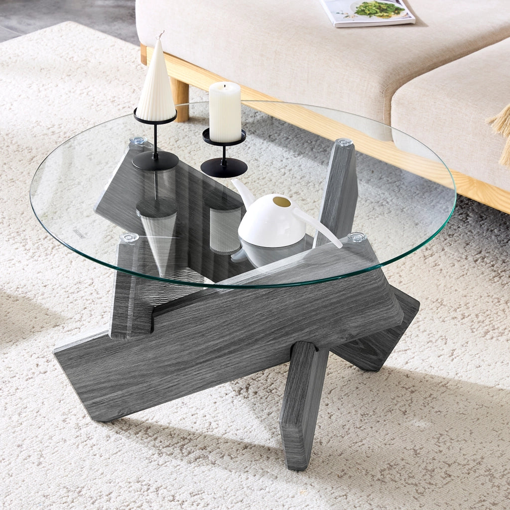 Tavolino da caffè rotondo in MDF e vetro, Ø 79 cm, grigio e trasparente
