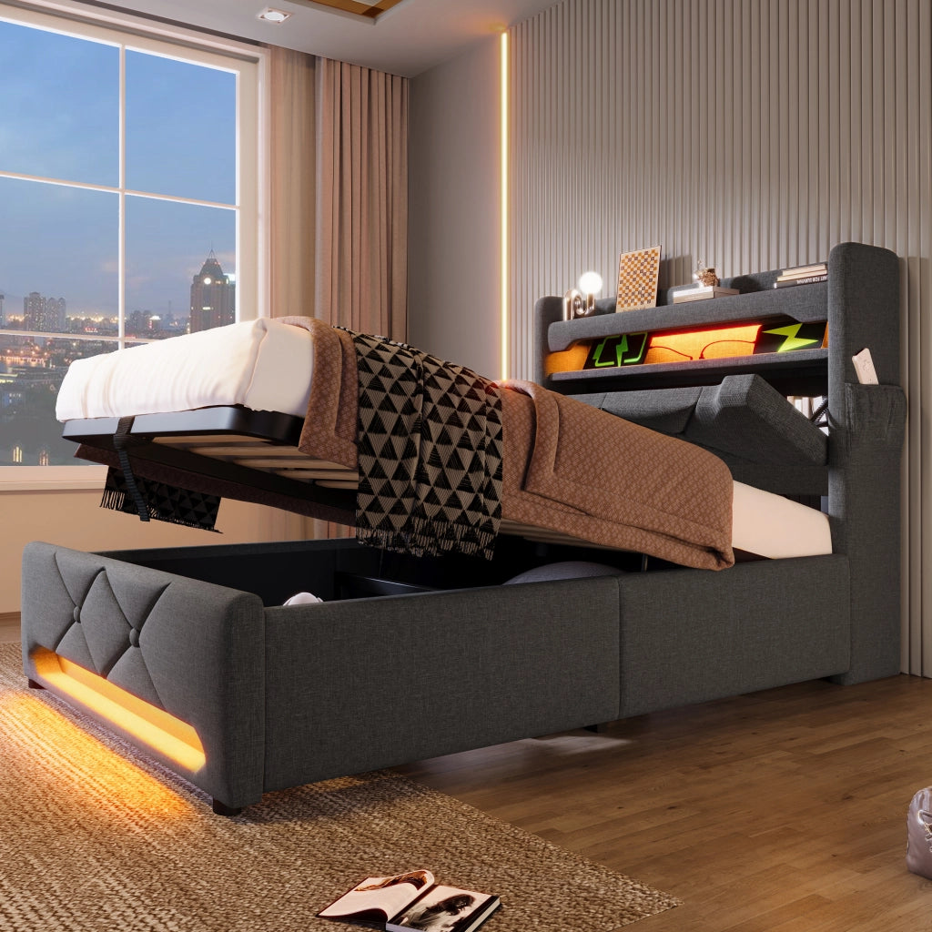 Letto singolo contenitore 90x200 cm con LED 360°; USB; USB-C; sollevamento idraulico e testiera portaoggetti; lino grigio