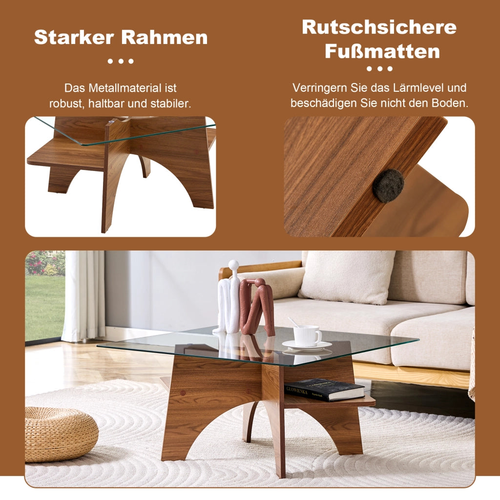 Tavolino/tavolino da caff¨¨ moderno di forma quadrata, realizzato in vetro temperato ¨C lati di 80 cm. Gambe in MDF con finitura effetto noce. Ideale pe