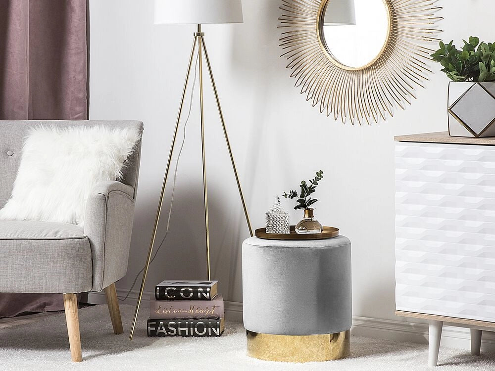 Poggiapiedi rotondo in velluto grigio con pouf da toeletta Glam Sgabello con dorato