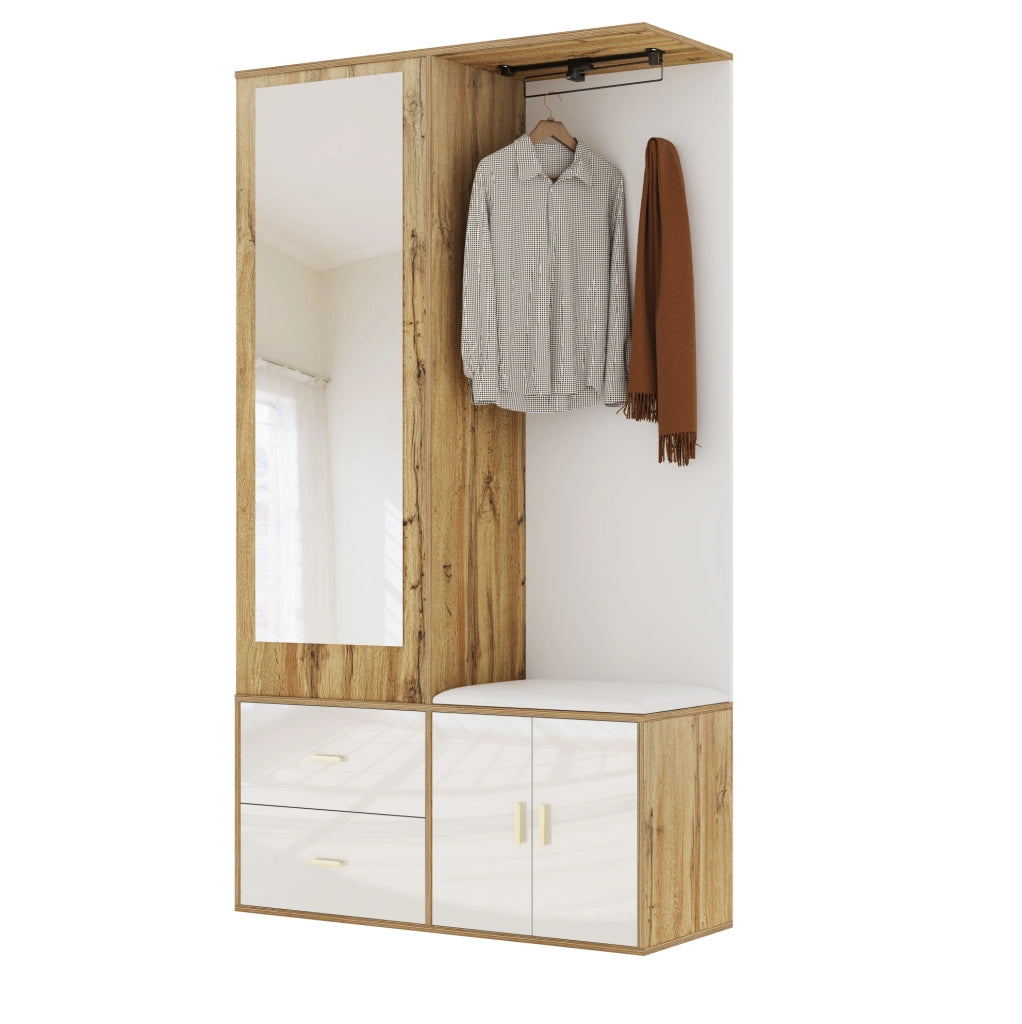 Guardaroba da ingresso 100x38x180 cm con specchio; panca e scarpiera bianco e naturale