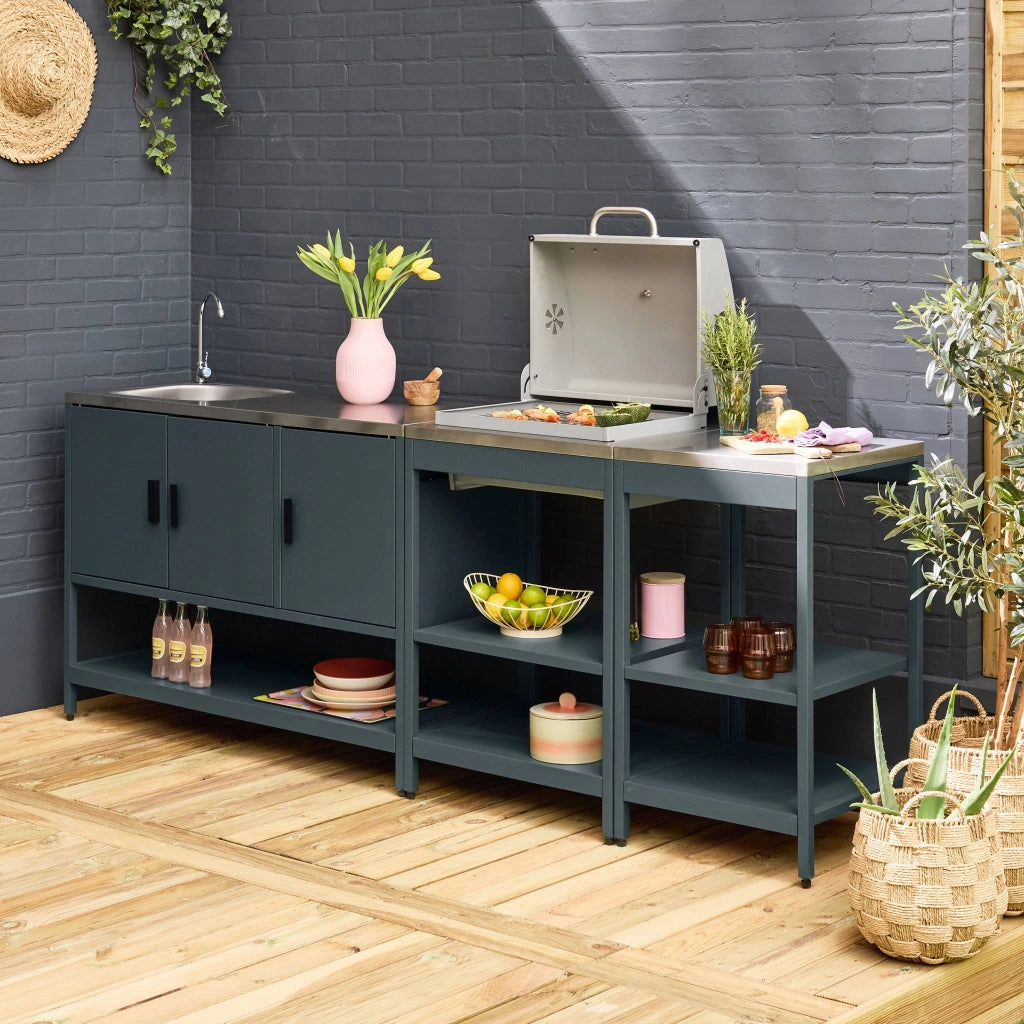 Cucina da esterno, 3 moduli e barbecue a carbone, blu grigio