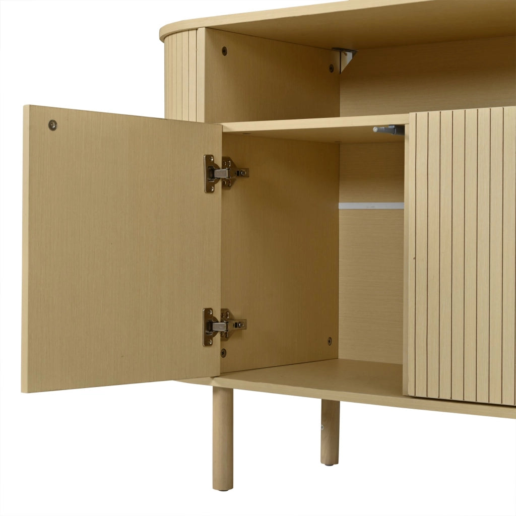 Credenza a tre ante, mobile da ingresso, ripiani a vista, gambe in legno massello, 160 x 40 x 78.5 cm, color legno naturale