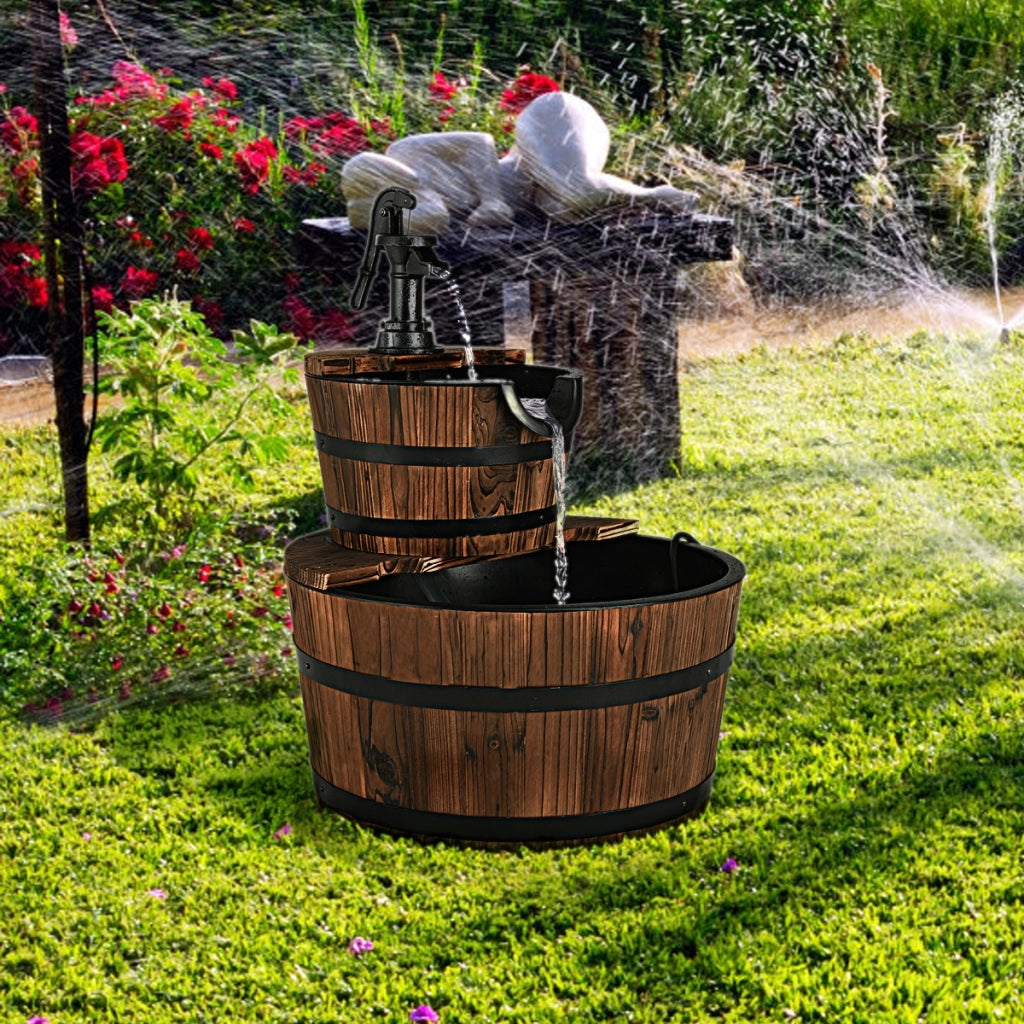Fontana in legno di abete con 2 livelli e pompa, Flusso dell¡¯acqua regolabile per decorazione-Decorazioni da giardino