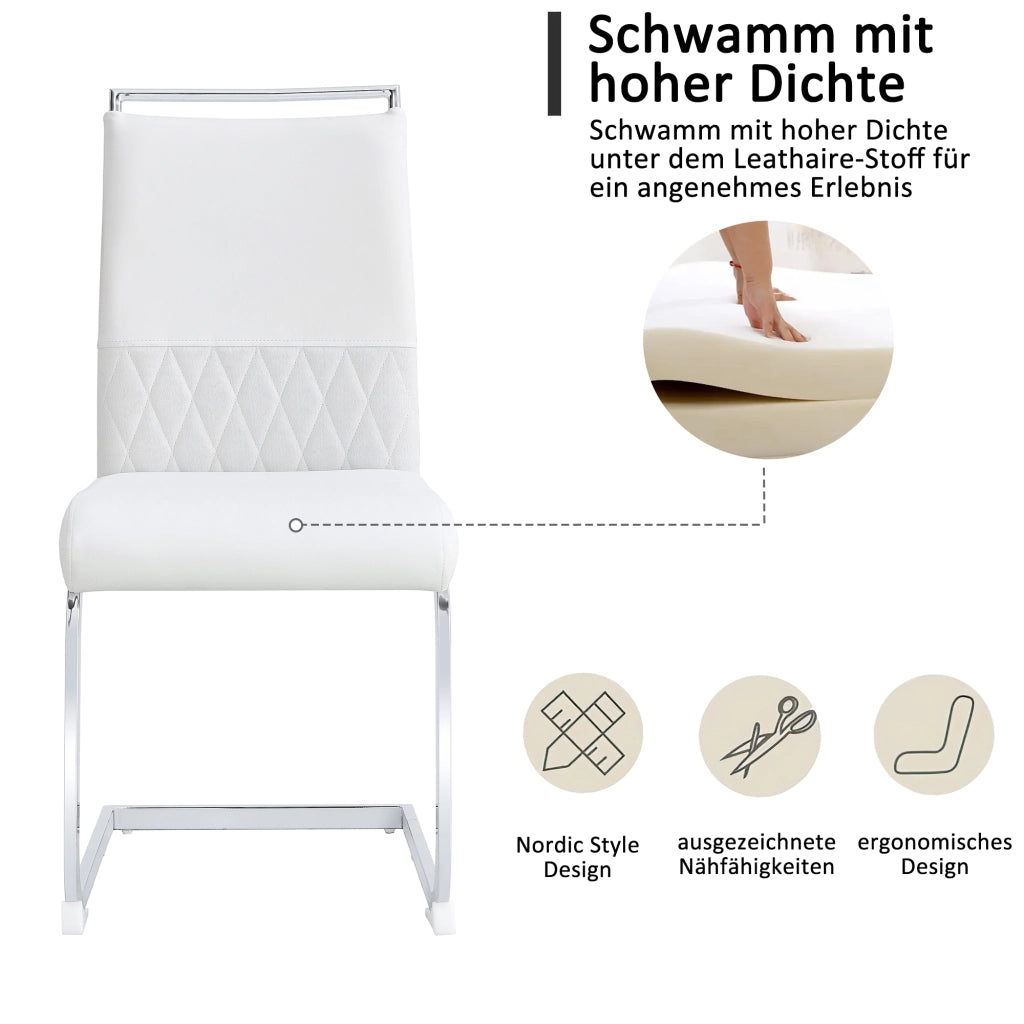 Sedia da Pranzo Sedia Ergonomica Schienale in PU e lino con Pattini di Protezione in Metallo Bianco