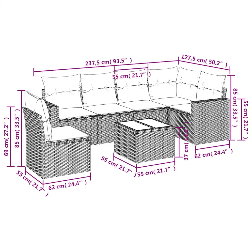 Set Divano da Giardino 7pz con Cuscini Marrone in Polyrattan