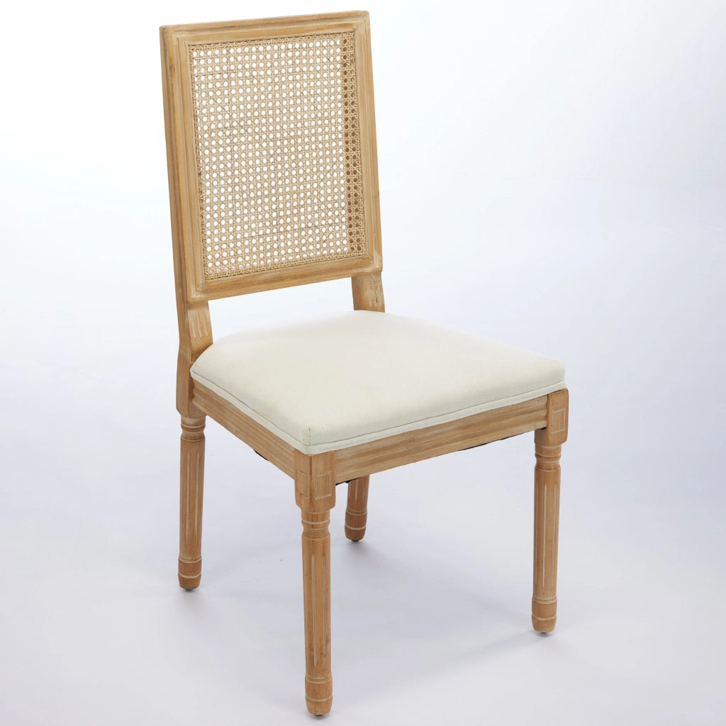 Set di 2 sedie da pranzo in stile rustico francese, struttura in legno massello anticato, schienale quadrato in rattan intrecciato, seduta rivestita i