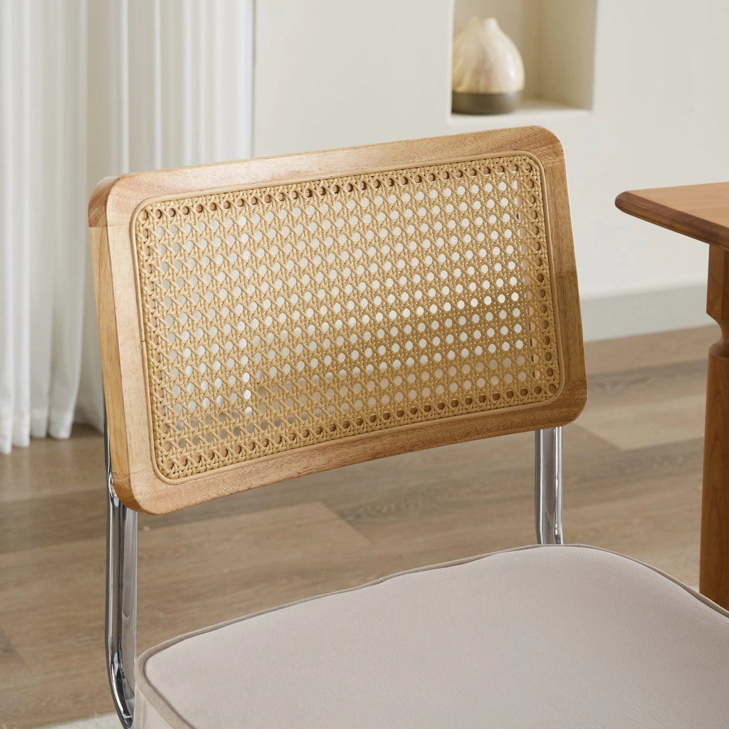 Set di 2 sedie da pranzo in stile Mid-Century Modern, sedie con rivestimento in velluto, schienale in canna naturale e base in acciaio inox cromato, f