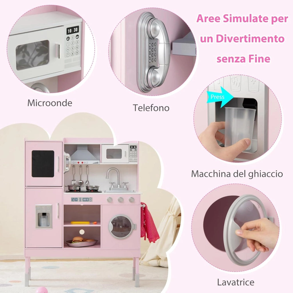 Cucina Giocattolo per Bambini, Cucina Legno per Bambini con Macchina del Ghiaccio, Telefono, Lavatrice, Microonde, Altezza Regolabile, Funzione Luci e Suoni, per Bambini 3+ Anni