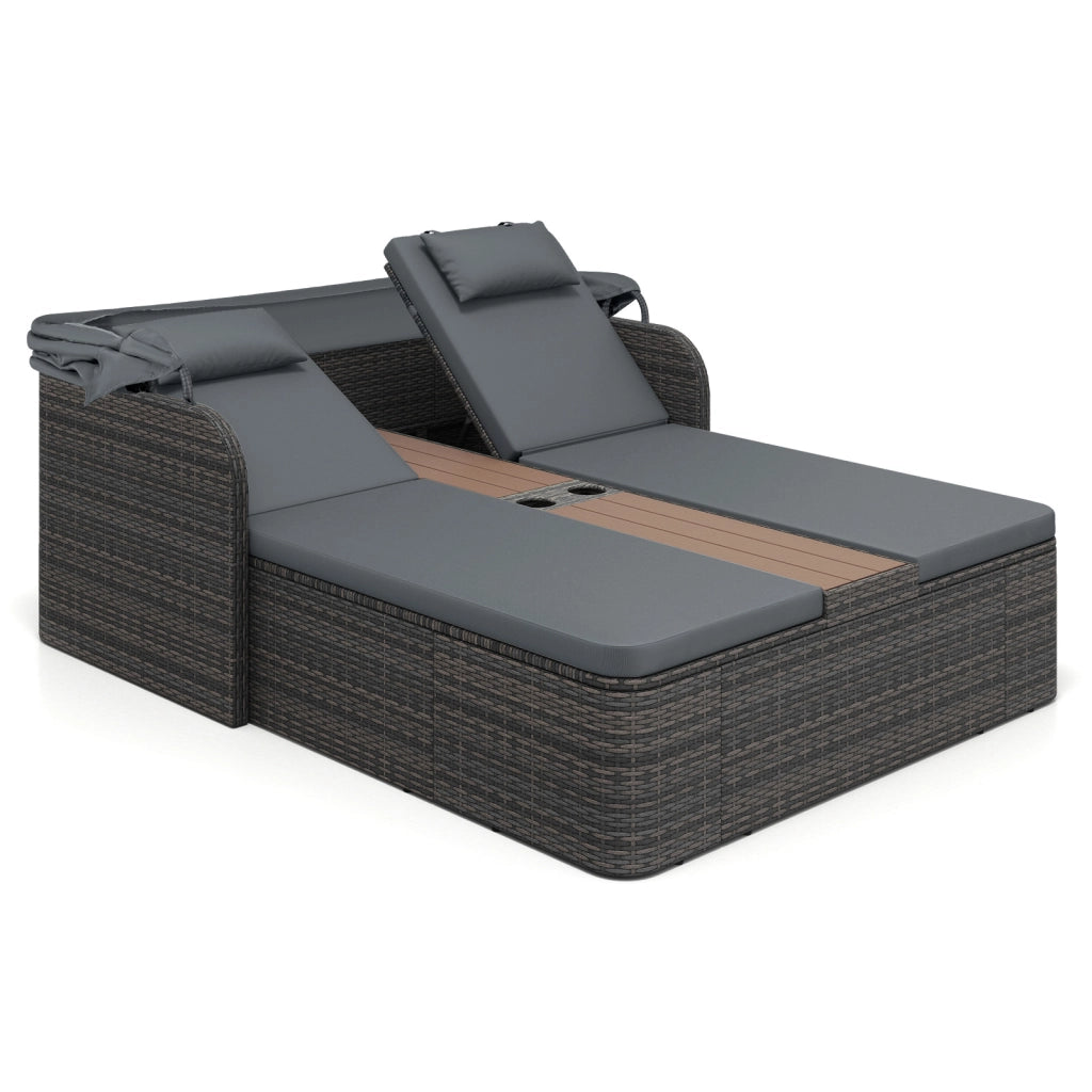 Letto matrimoniale in rattan con tetto retrattile e schienali regolabili, Divano imbottito con tavolino centrale e portabicchieri Grigio
