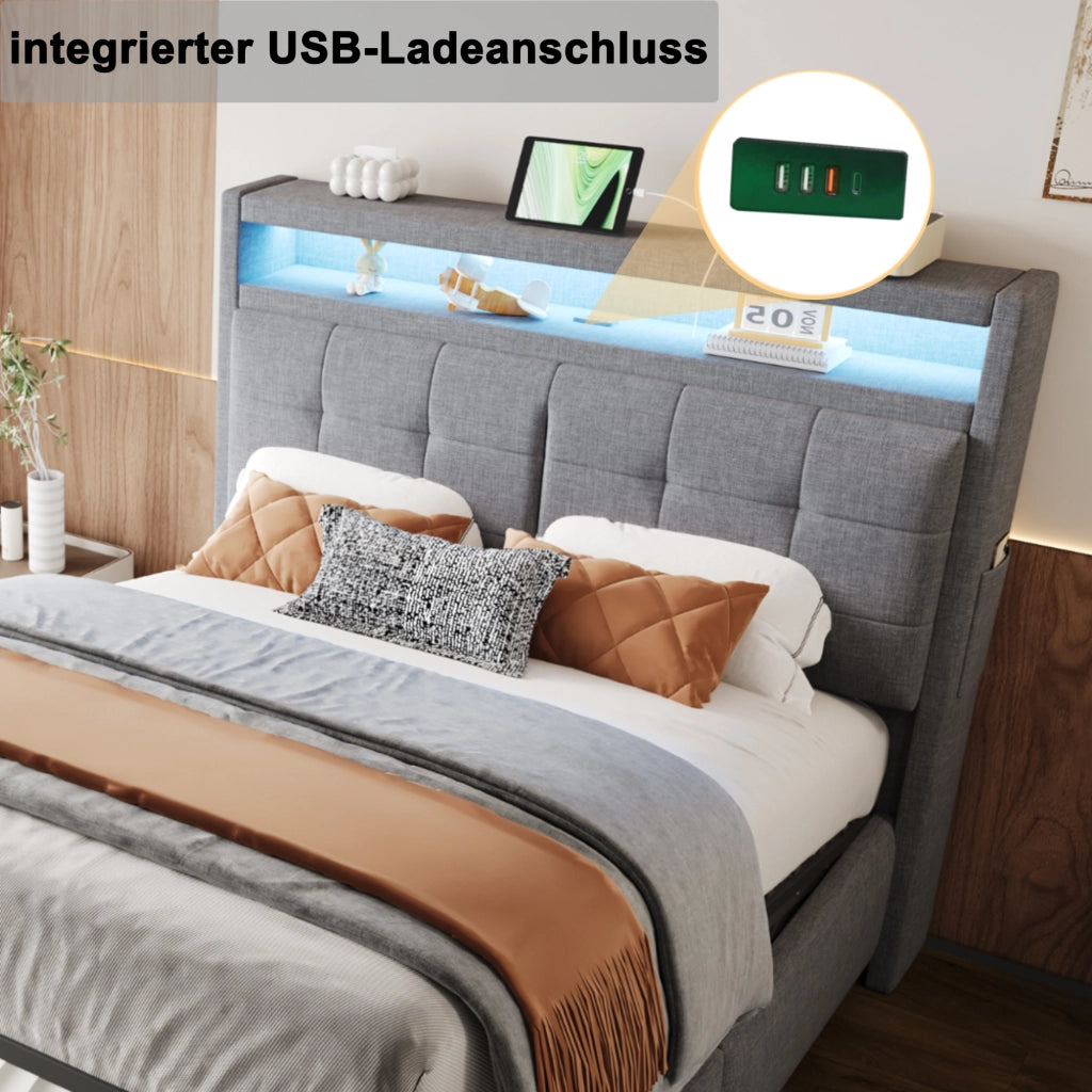 LETTO Imbottito 140x200 cm Grigio in Lino con LED, USB e contenitore