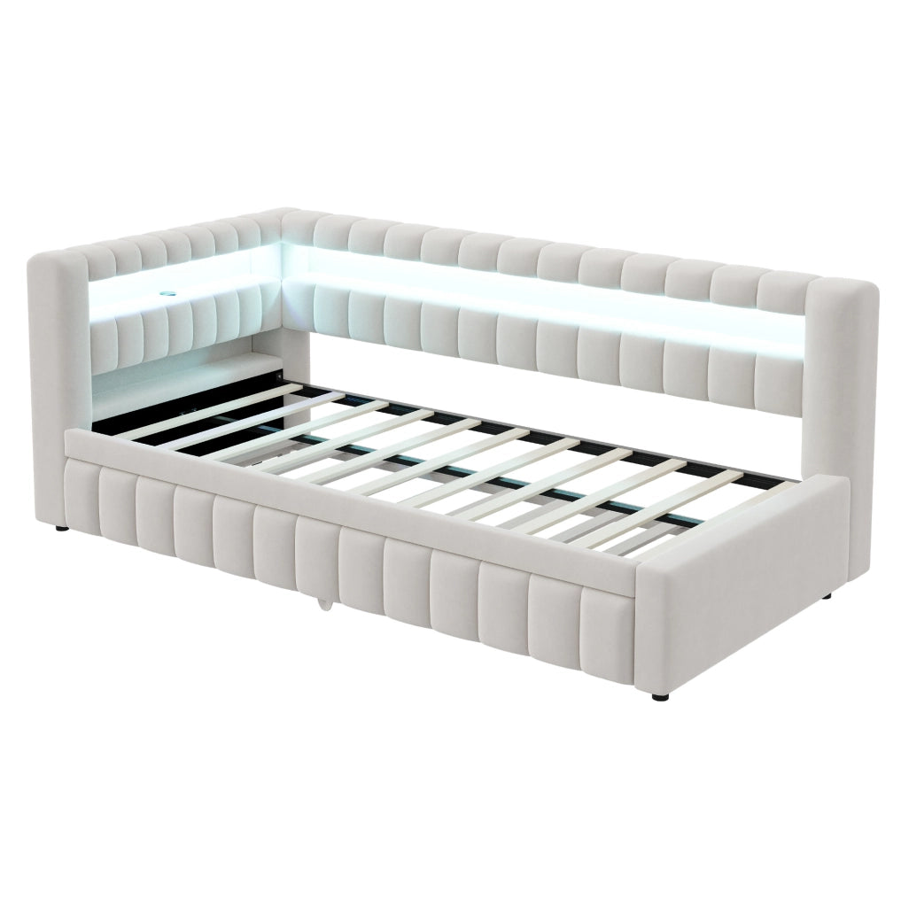 Divano letto estraibile imbottito 90x200 cm con LED; USB e Type-C; velluto beige