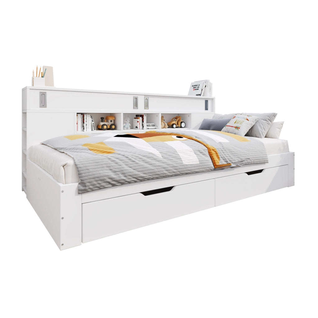 Letto 140x190 cm con cassetti e armadi in MDF bianco