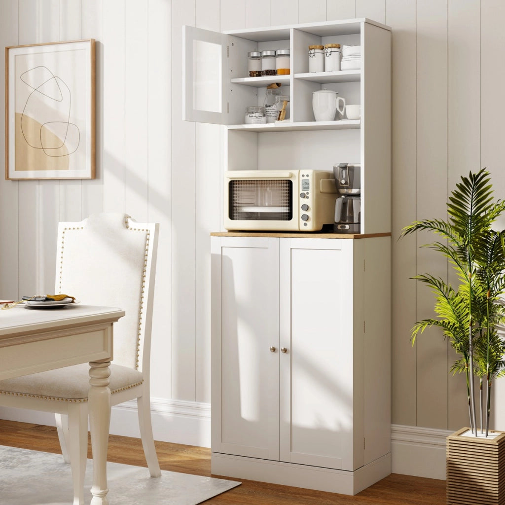 Mobile alto 170 cm con ripiano per microonde 8 ripiani porta e 5 ripiani regolabili, Armadio dispensa da cucina per soggiorno Bianco