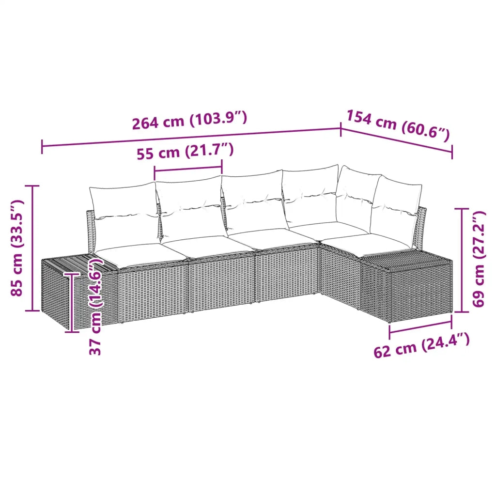 Set Divano da Giardino con cuscino 5 pcs Marrone polyrattan 3347064