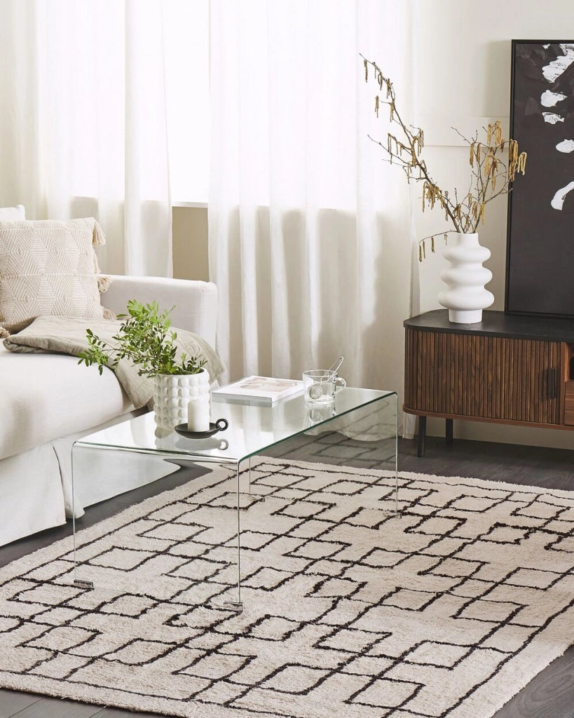 Tappeto di cotone beige scandinavo con motivo geometrico fatto a mano 140 x 200 cm