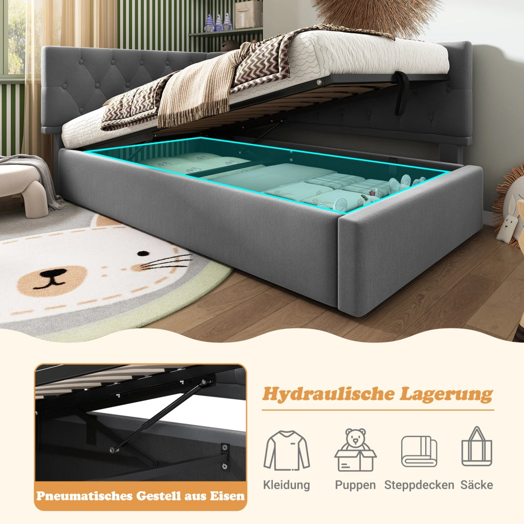 DESMIU Divano letto 90 × 190 cm 1 posto con contenitore idraulico e testiera reversibile, senza materasso, in velluto, grigio