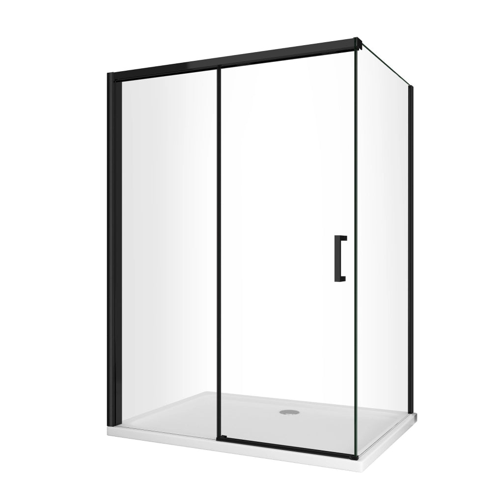 Box Doccia Ad Angolo Con Parete Fissa Laterale e Porta Frontale Con Chiusura Soft Close Ammortizzata H 200 8 MM Telaio Nero Opaco Cm 120 (118-120) x 140 (137-140)