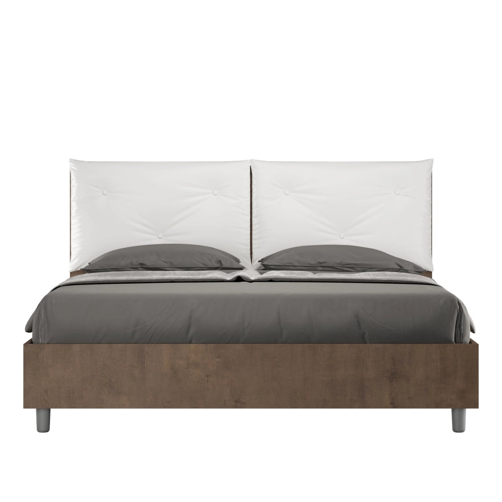 BS COM Letto matrimoniale contenitore doppia alzata 160x200 Noce cuscini similpelle bianco