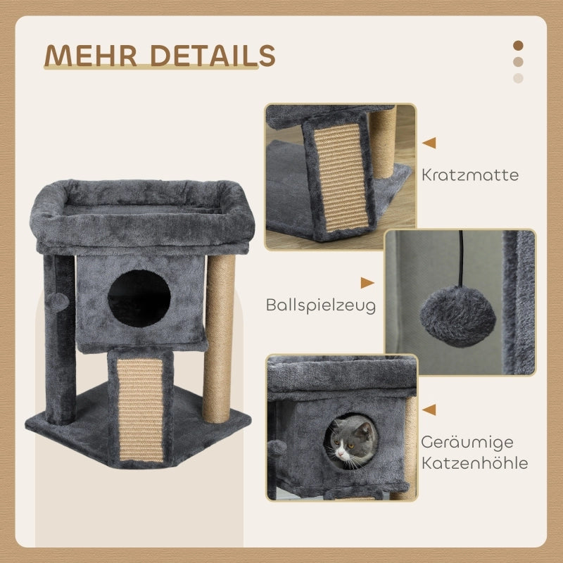 Tiragraffi per gatti con tappetino in juta, piattaforma per sdraiarsi, palla da gioco, casetta per gatti, beige, 40 x 40 x 57 cm