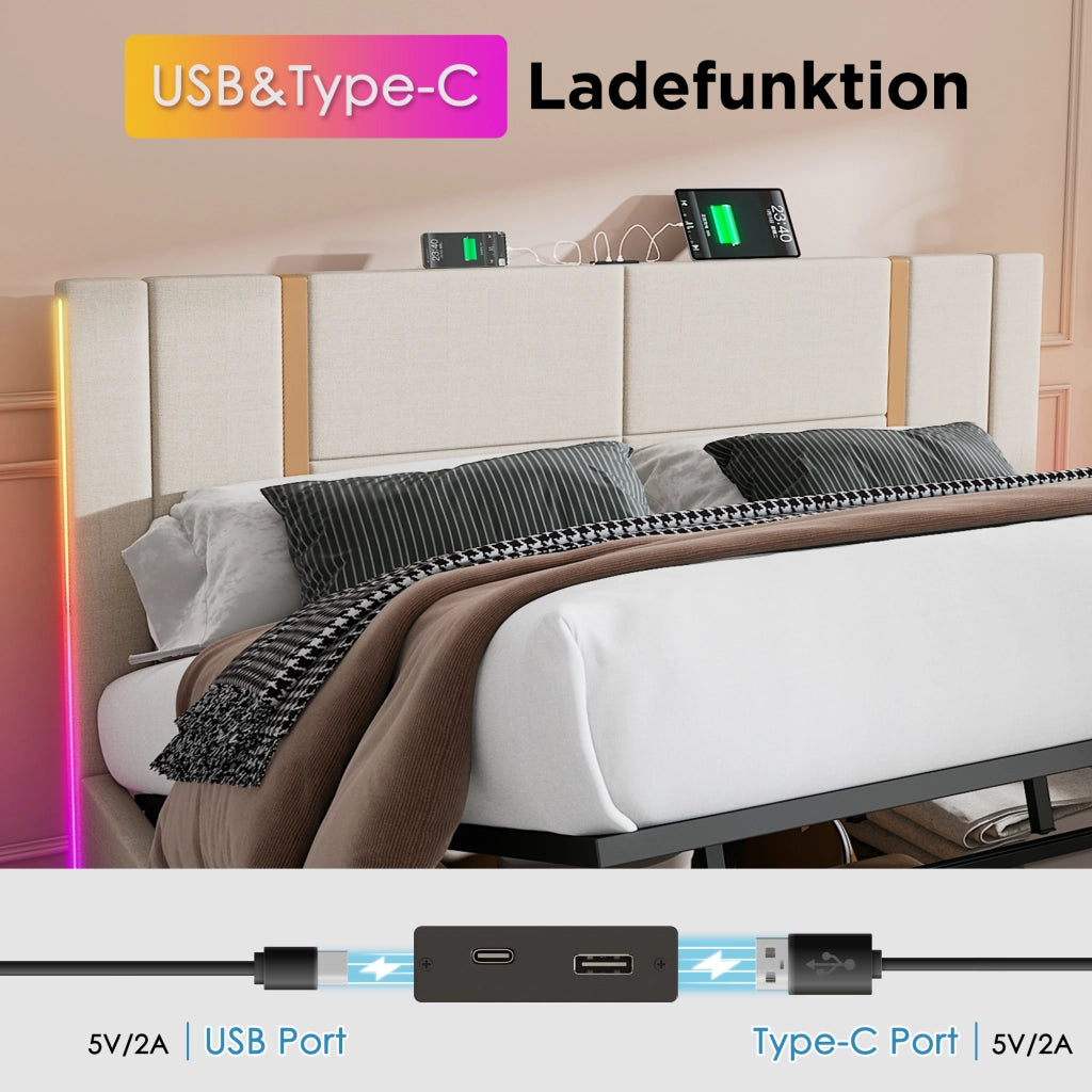 LETTO matrimoniale imbottito 140x200 cm Beige in lino con LED e USB Type-C