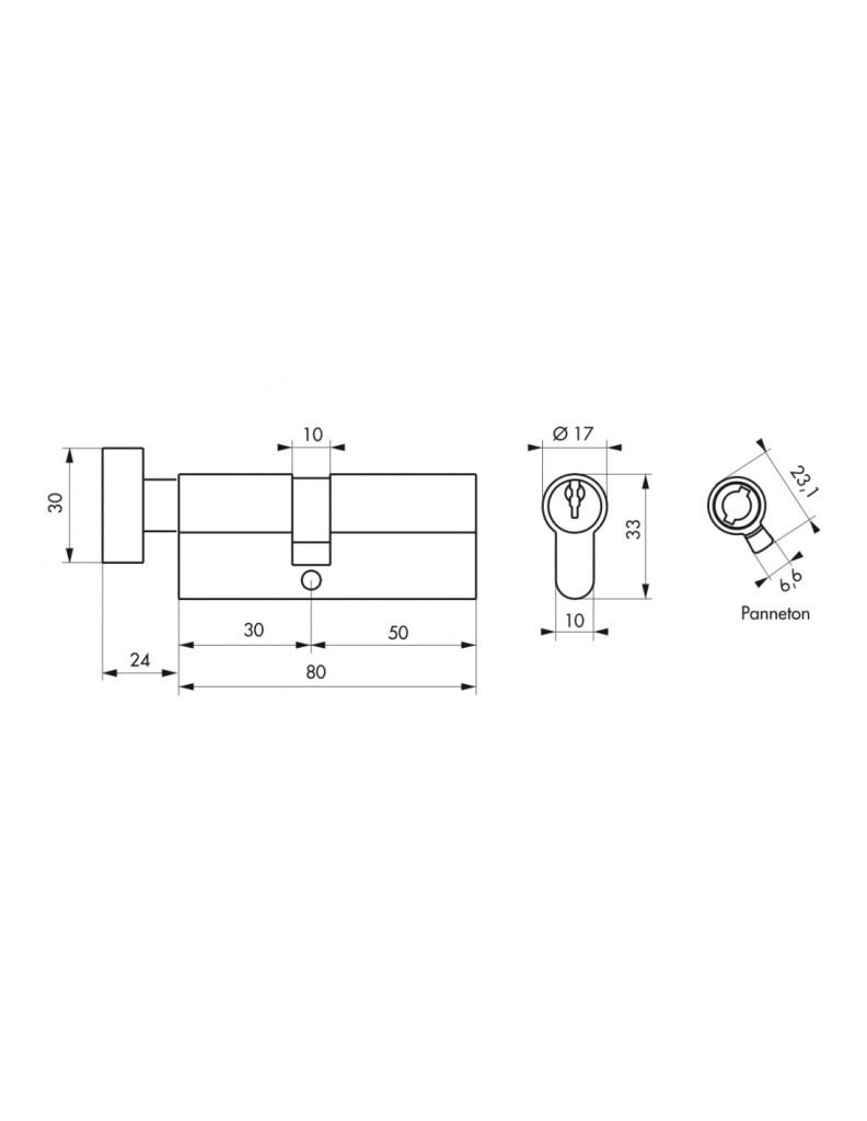 Cilindro STD con pomolo 30 x 50 mm, nichelato, 3 chiavi – THIRARD