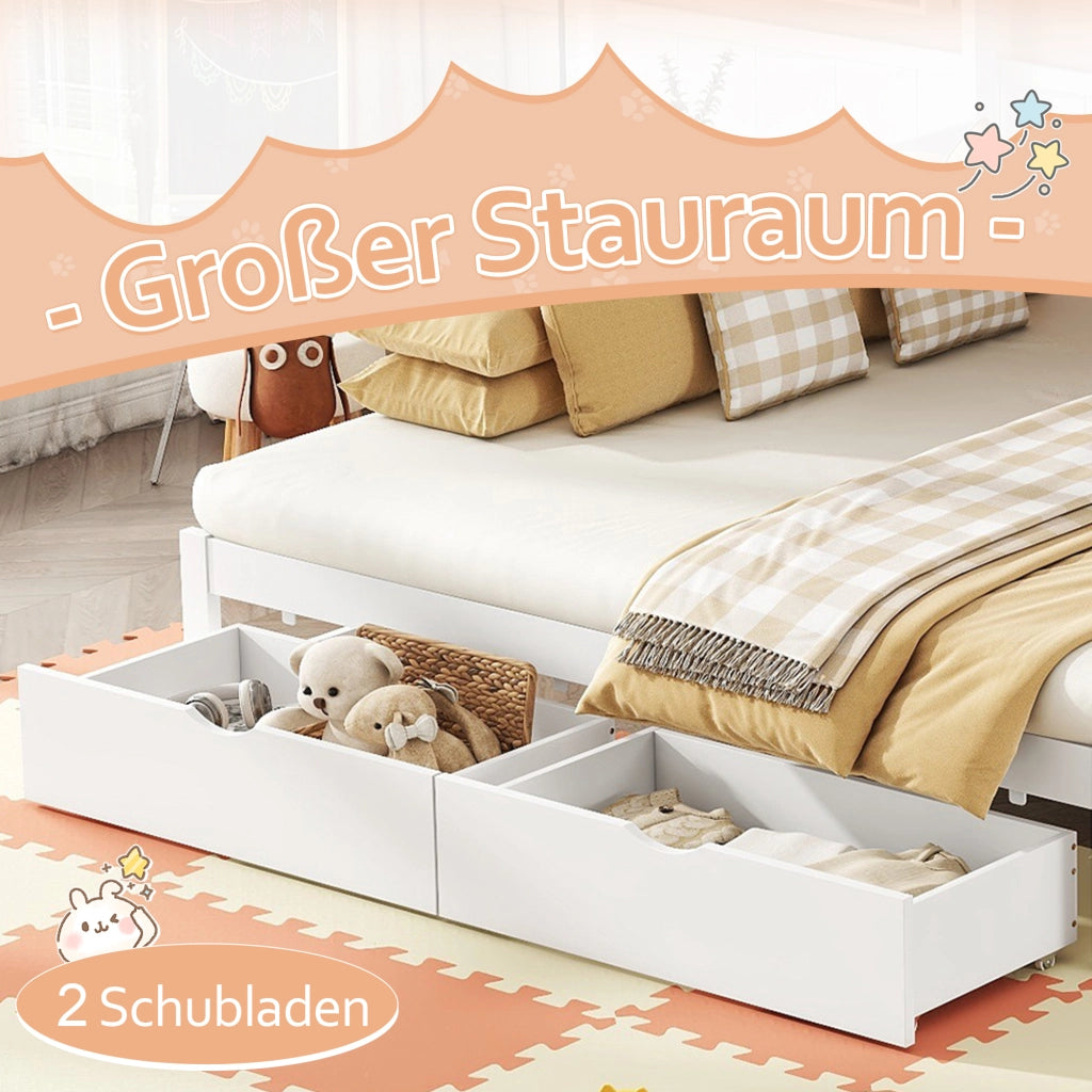 OKWISH Letto a Castello 90×200 cm e 180×200 cm, Letto 3 Posti con Letto Estraibile, 2 Cassetti e Ripiani, senza Materasso, Bianco