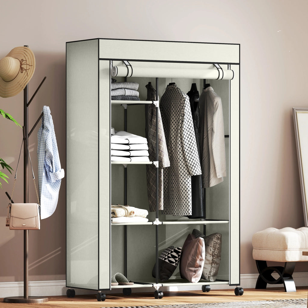 Armadio guardaroba in tessuto ¨C Xylo ¨C con ante, cassetti, ripiani e rotelle, 103x43x162,5cm crema