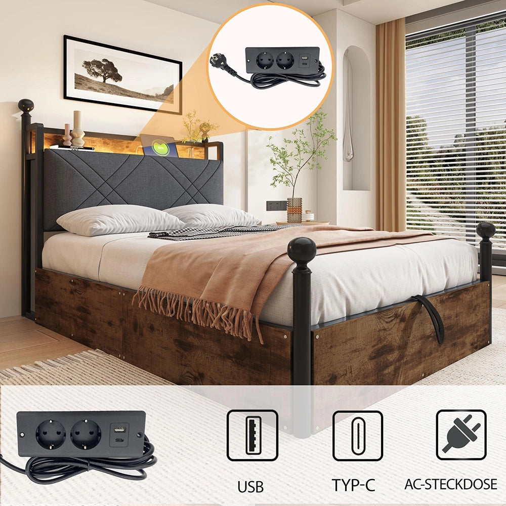 Letto ferro 90x190cm?- Xylo - LED USB 2 cassetti nero