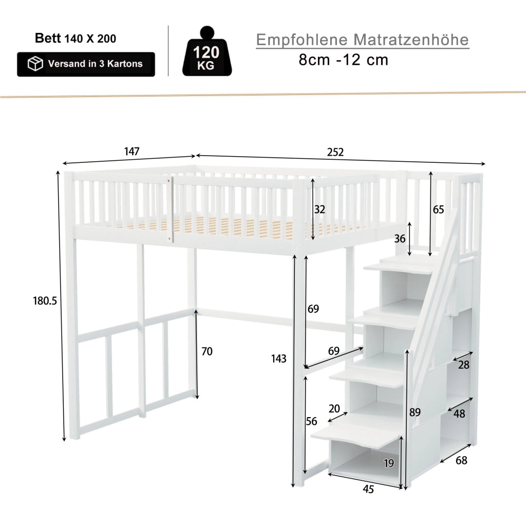 Letto a soppalco in pino massello con scala contenitore di sicurezza e recinzione; bianco; 140x200 cm; senza materasso