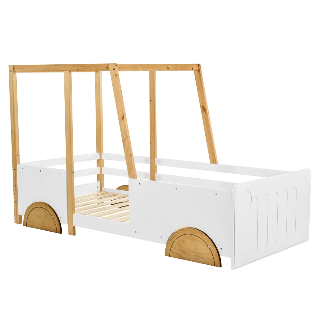 DESMIU Letto per bambini 1 posto con sponde, forma auto e struttura superiore, 90 × 200 cm, senza materasso, bianco