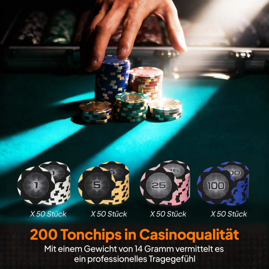 Set di Fiches da Poker in Valigetta ¨C Minimal ¨C con Dadi, Pulsante Dealer, 2 Mazzi di Carte, Colore Argento