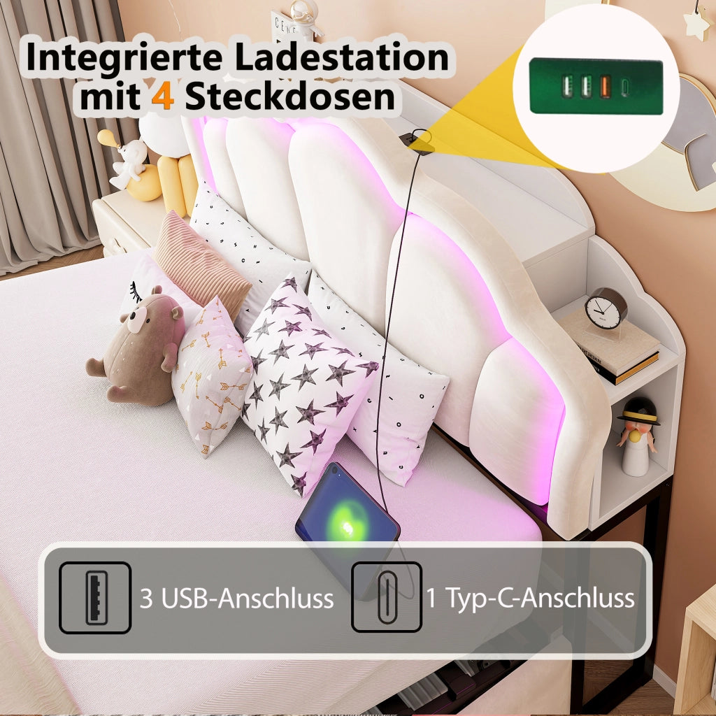 DESMIU Letto contenitore 140 × 200 cm 2 posti con LED, prese e vani testiera, senza materasso, beige