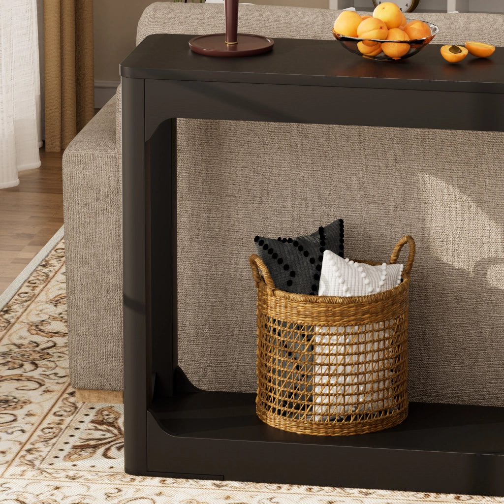 Tavolo consolle nero 140 cm con ripiani aperti, struttura in MDF, design moderno minimalista